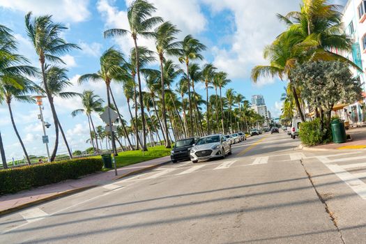 Miami, USA - September 09, 2019: South Beach and Ocean Drive street in the morning in Miami with tilted horizon