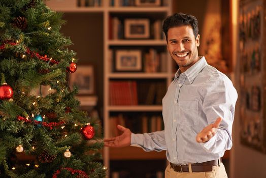 How do you like my decorating skills. a young man gesturing next to a christmas tree.