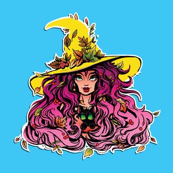 bright and colorful drawing of a witch girl in a witch hat with a cat in her hands