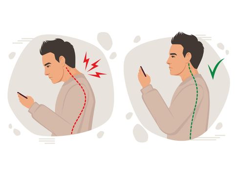 Posture man vector illustration, incorrect head angle using phone, bad posture, backache, Shoulder pain, curvature of the spine, Incorrect posture using mobile smart phone flat cartoon style