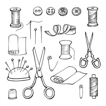 Hand drawn sewing tools. Thread, needle, pins, scissors, buttons. Vector illustration