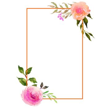 watercolor flower frame. design of rose flower square invitation frame. Isolated on a white background