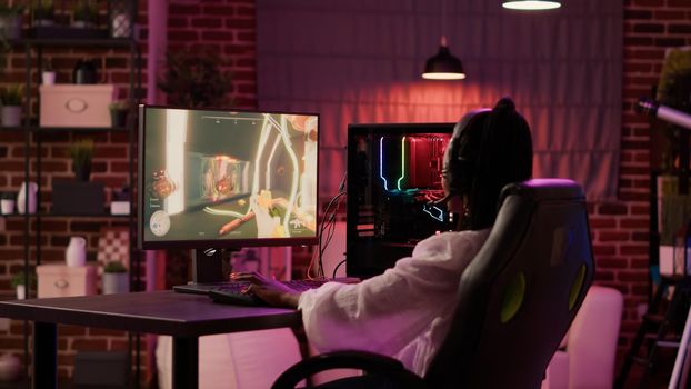 African american woman streaming first person shooter competition upset after losing online tournament on gaming pc