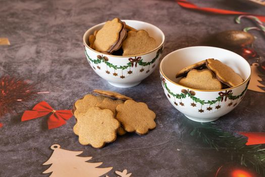 Christmas cookies, brown cookies and christmas decoration.