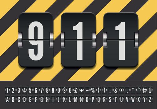 Black terminal mechanical scoreboard font for emergency numbers vector illustration. Airport flip board alphabet for showing flight departure or arrival information.
