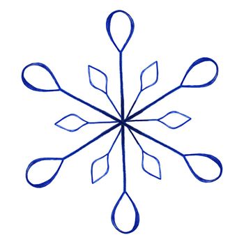 Blue Snowflake Isolated on White Background. Hand Drawn by Color Pencil.