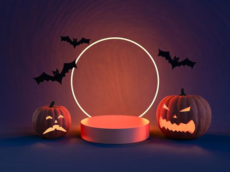 Halloween pumpkins and bats with neon lamp in studio