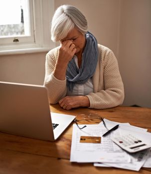 Retirement fund worries...An elederly woman sitting in front of her laptop looking stressed and worried.