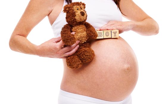 Its a boy. A pregnant mother holding a teddy and blocks indicating its a boy.