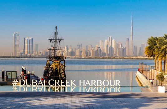 Dubai, UAE - 02.11.2022 - Replica of Black pearl pirate ship, used as a floating restaurant and docked in Dubai creek harbor. Entertainment