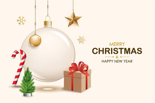 Merry christmas glass ball and decoration object for flyer brochure design on white background invitation theme concept. Happy holiday greeting banner and card template.