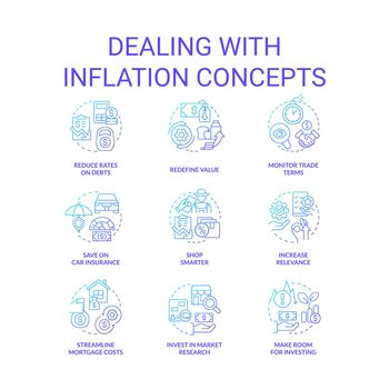 Dealing with inflation blue gradient concept icons set