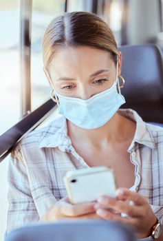 Smartphone, public transport and woman with covid face mask reading online safety compliance news. Girl travel in city on bus or train and check corona virus results, update or statistics on internet.