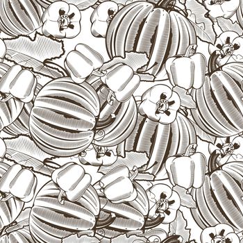 Black and white seamless pattern with pumpkins and red pepper in vintage style