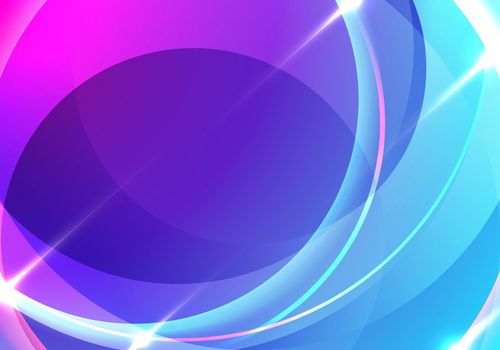 Abstract neon color circles overlapping layered with lighting effect on blue background technology concept