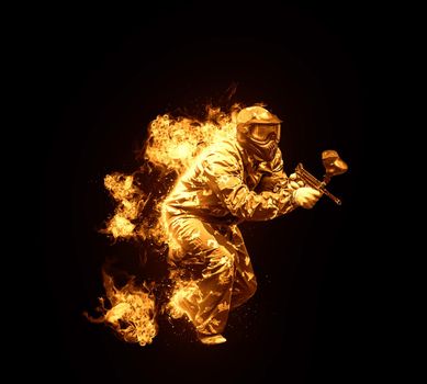 Fiery paintball sport player in protective uniform playing with gun outdoors, digital art on black background