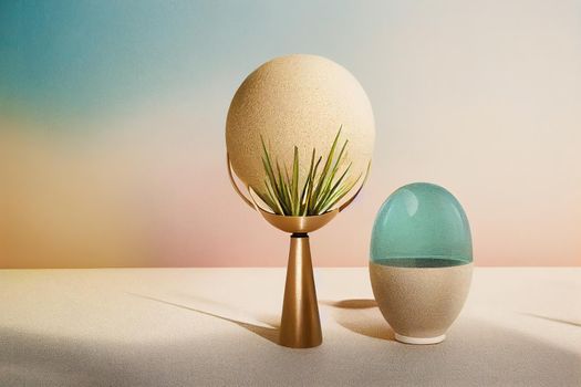 Modern minimal still life scene Beige ball shaped vase with dry festuca grass Table background an champagne wall in sunlight, long shadows Trendy interior design Negative copy space Pastel colors , an