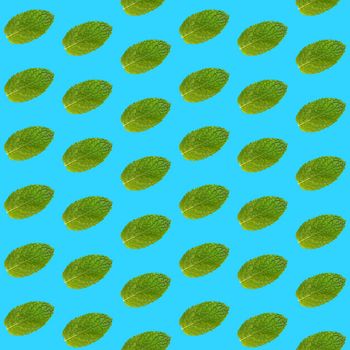 Seamless pattern of mint leaves on blue