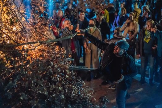 Montenegro, Budva 7.01. 2021: Christian Christmas in Montenegro, the feast of the oak branch. People burn an oak branch in honor of Christmas