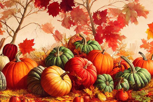 Autumn seasonal harvest Fruits and vegetables background Pumpkin, red