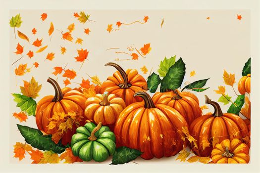 Autumn seasonal harvest Fruits and vegetables background Pumpkin, red