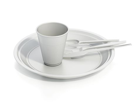 Set of plastic dishware isolated on white background. 3D illustration