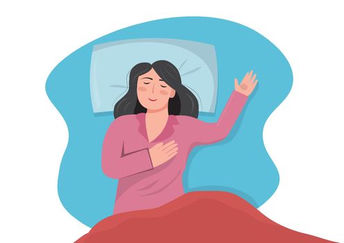 happy girl with sweet dreams The girl lay on the bed under a soft duvet. and sleep healthy. flat vector illustration
