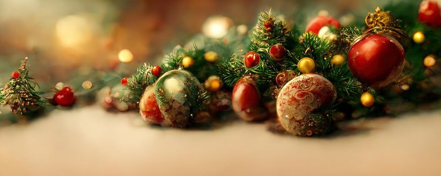 New Year's warm background with copy space in warm colors with Christmas decorations and Christmas tree branches