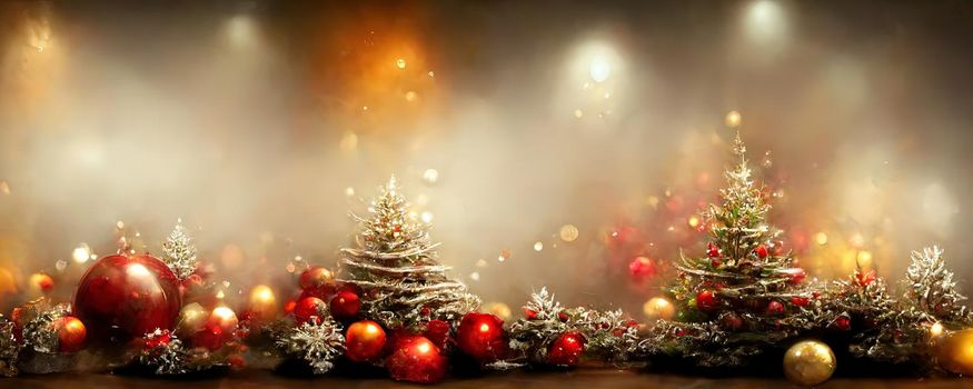New Year's warm background with copy space in warm colors with Christmas decorations and Christmas tree branches
