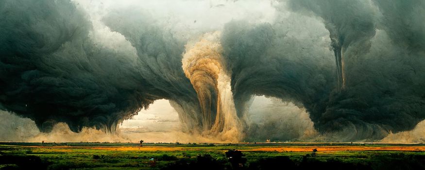 artistic illustration of a huge terrible tornado in the panorama of the plain