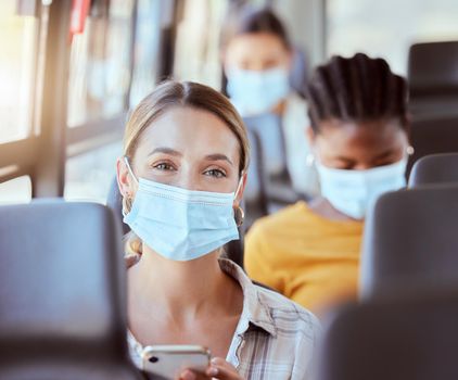 Woman, covid and mask on bus with phone for travel safety public transport commute. Portrait, health and healthcare female with ppe, corona protection and social media, online 5g mobile and web app