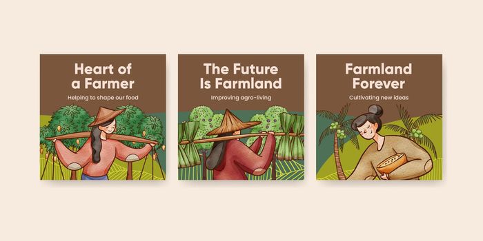 Banner template with Asian farmer concept,watercolor style