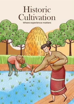 Poster template with Asian farmer concept,watercolor style