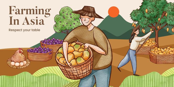 Blog header template with Asian farmer concept,watercolor style
