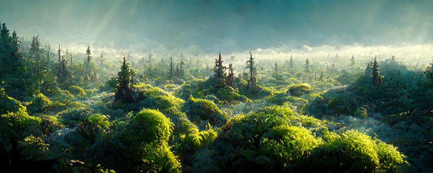 wild fairytale forest at dawn with hills and fog in the background