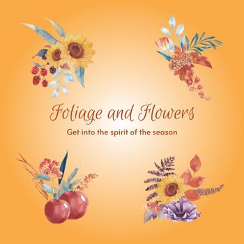 Bouquet template with rustic fall foliage concept,watercolor style