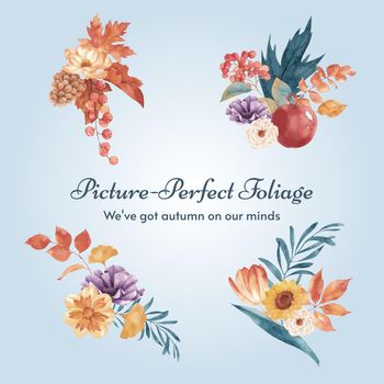 Bouquet template with rustic fall foliage concept,watercolor style
