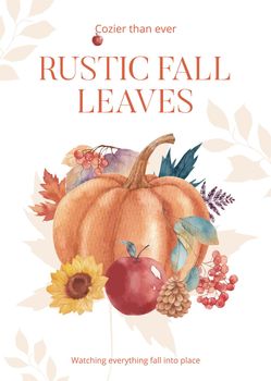 Poster template with rustic fall foliage concept,watercolor style