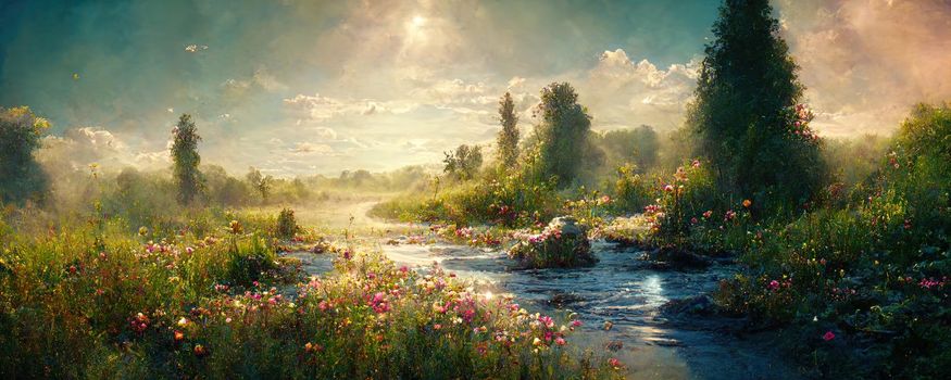Magical landscape of a fairytale forest with a river along the banks of which flowers grow