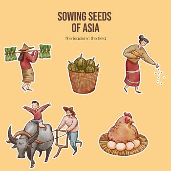 Sticker template with Asian farmer concept,watercolor style
