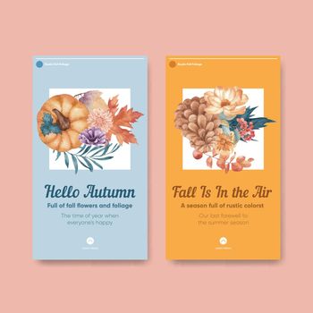 Instagram template with rustic fall foliage concept,watercolor style