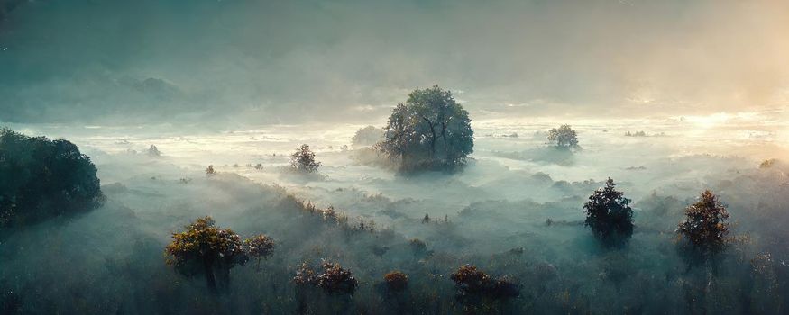 landscape of alpine forest in fog at dawn in fantasy style
