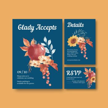 Wedding card template with rustic fall foliage concept,watercolor style