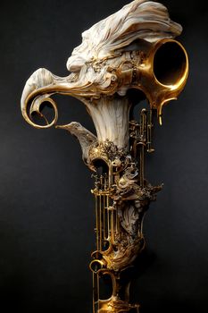 Picture of baroque trumpet sculpture, intricate details,3D render