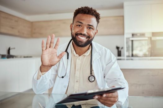 Doctor, video call and consultant in telehealth of a black man in healthcare, diagnosis or medical advice. Portrait of a African male health expert in online consultation for checkup or appointment