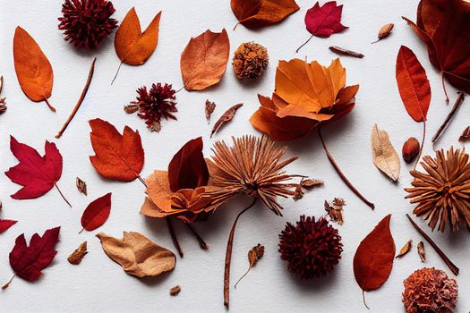 Autumn composition Dried flowers and leaves on white background Autumn, fall, thanksgiving day concept Flat lay, top view , anime style