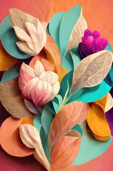 Paper art decorative colorful flowers, 3d render