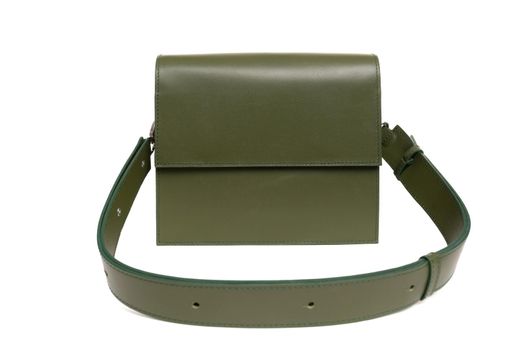 women's leather bag of rectangular shape with a large belt in dark green color