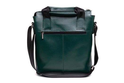rectangular men's leather bag of dark green color on a white background