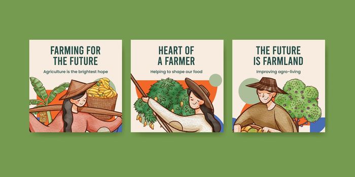 Banner template with Asian farmer concept,watercolor style